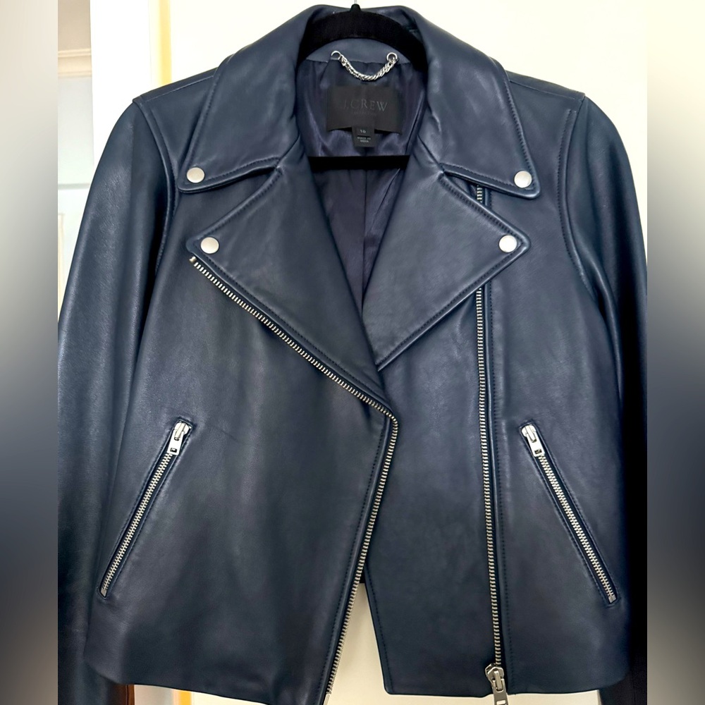 J.Crew Collection Navy leather motorcycle jacket, excellent condition, Size 10